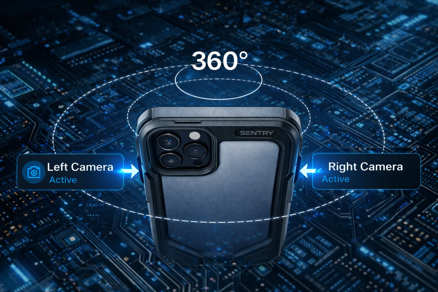 Diagram of a SentryCase phone case showing active left and right peripheral cameras and a 360-degree field of view