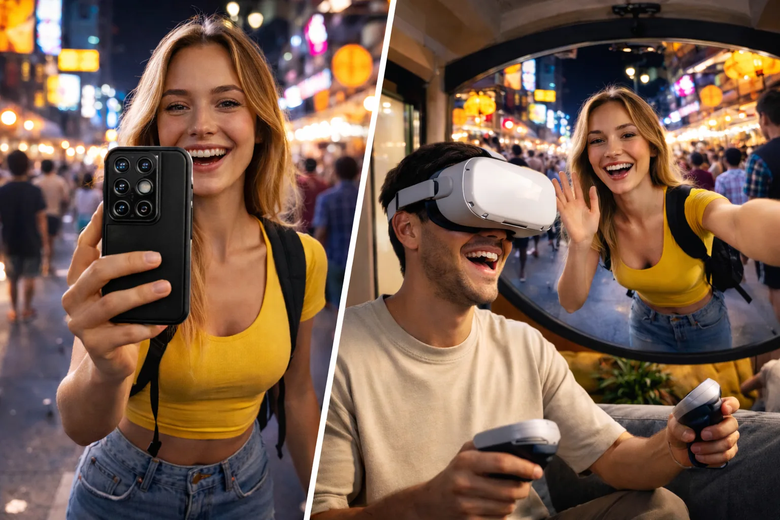 Split scene of a creator filming with a smartphone and another person recording a city scene with a VR headset