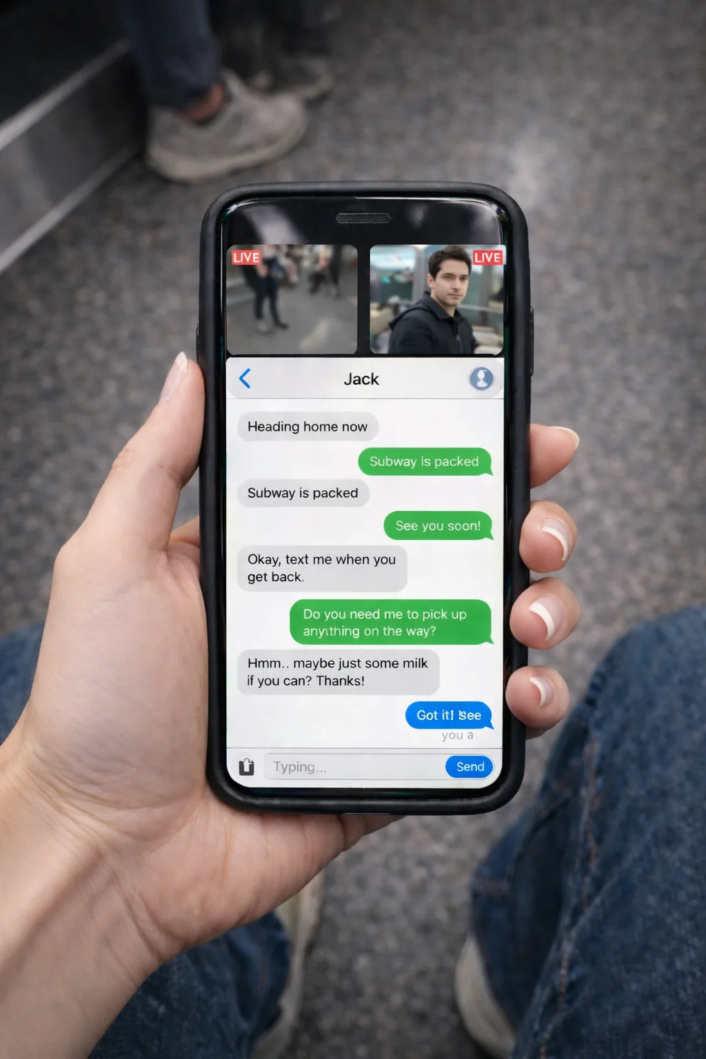 Hand holding a phone displaying two live camera views above a text conversation