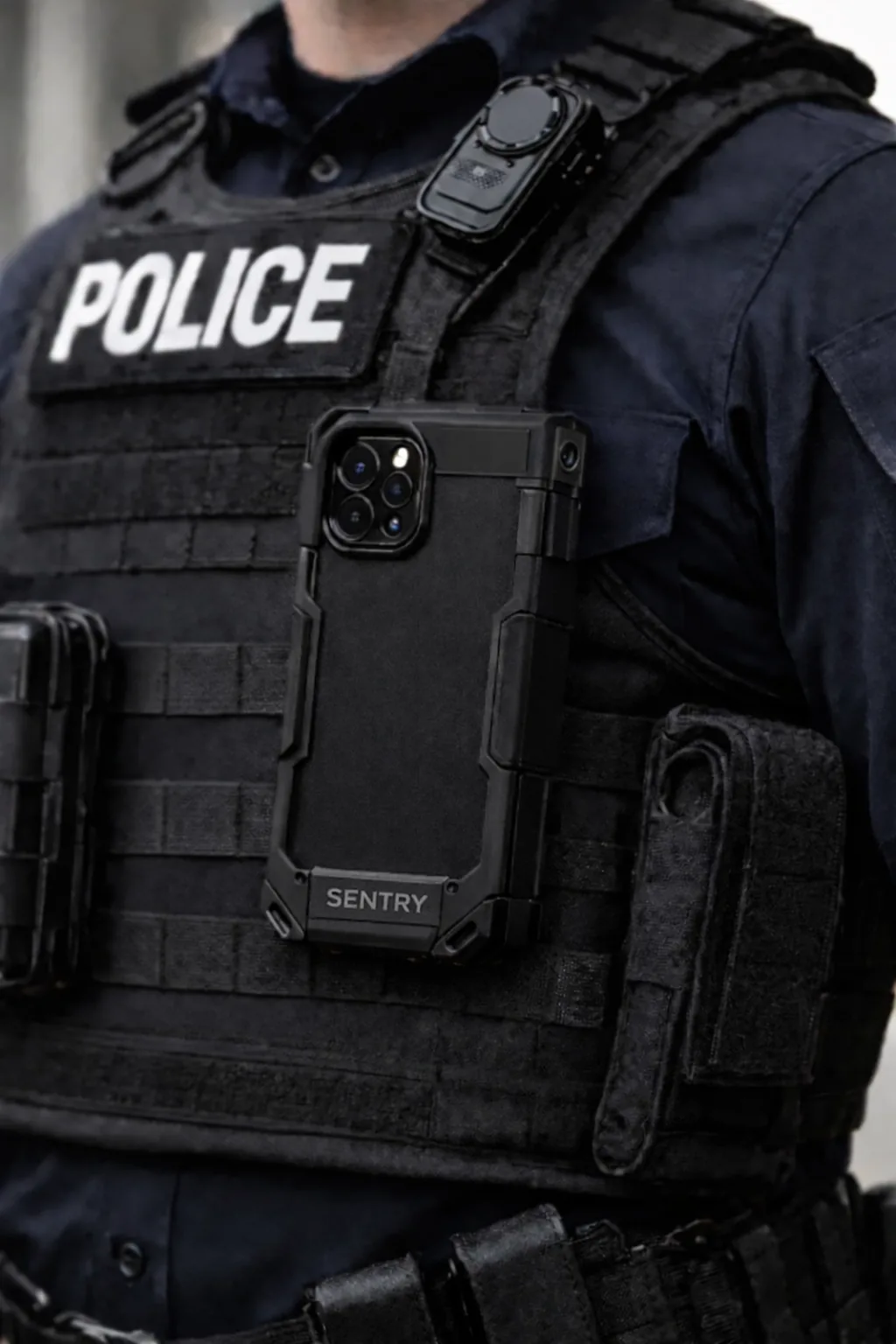 Uniformed police officer wearing a chest-mounted smartphone case with a peripheral camera